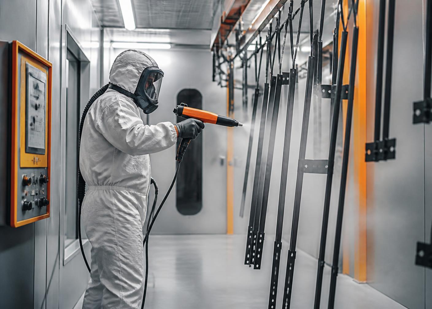 Aplicação de pintura eletrostática em peças metálicas dentro da cabine